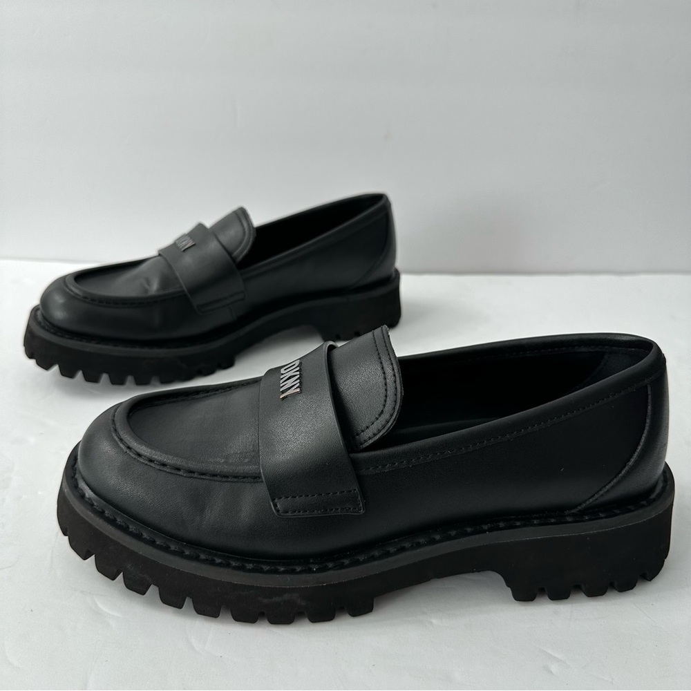 DKNY Black Leather Chunky Lug Sole Platform Loafers Slip On Sz 8.5 Grunge Goth